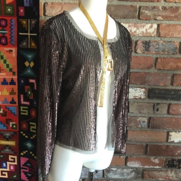 TORY BURCH SHEER BROWN Micro Mini Sequin Striped Jacket Top Small - Picture 1 of 4